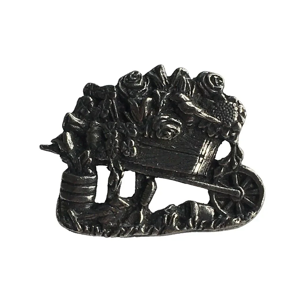 Birds & Blooms Brooch Pin‎ Pewter Flower Wheelbarrow Granny Cottage Fairycore